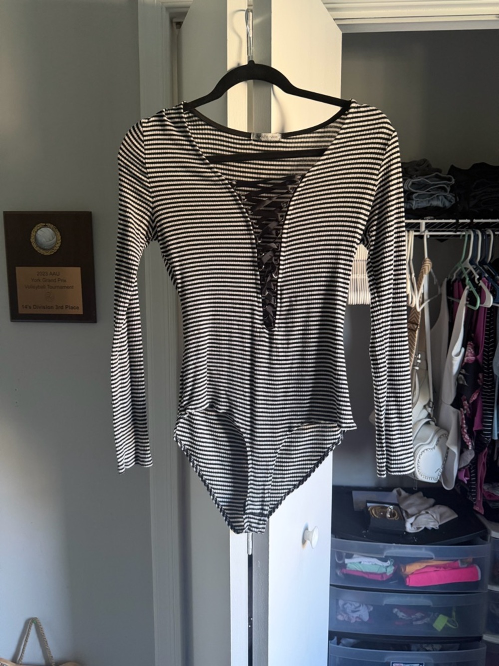 Charlotte Russe Black & White Striped Lace-Up Long Sleeve Bodysuit